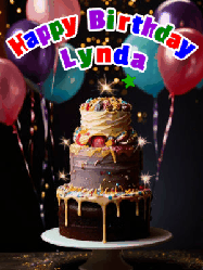Happy Birthday Lynda GIF: Beautiful birthday cake animated gif, a celebration of balloons, confetti, and sparklers. Customize banner and name.