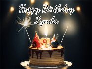 Happy Birthday Lynda GIF: Animated birthday cake gif with sparklers on a dark background. Personalize up to 3 lines of text.