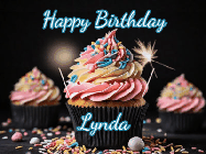 Happy Birthday Lynda GIF: A delicious cupcake gif with animated sparkles reading Happy Birthday with a name to customize