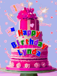 Happy Birthday Lynda GIF: A big beautiful birthday cake gif with falling confetti, sparklers, and balloons, reads Happy Birthday Name. Customize it.