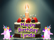 Happy Birthday Lynda GIF: An animated gif with 2 unicorns and a birthday candle on a cake.