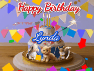 Happy Birthday Lynda GIF: Happy Birthday Cake GIF with a cat, lamb, and squirrel on the cake with flickering candles, a sparkler, and falling confetti. Reads Happy Birthday Name and you can customize the name