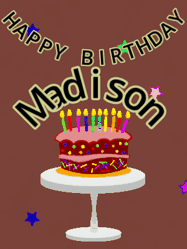 Happy Birthday Madison GIF: Animated birthday gif of a chocolate cartoon cake and stars. Animated text can be customized with name.