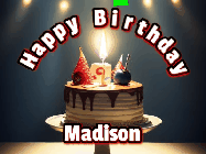 Happy Birthday Madison GIF: Animated happy birthday gif with a cake and flickering candles with colorful falling confetti and text reading Happy Birthday