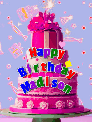 Happy Birthday Madison GIF: A big beautiful birthday cake gif with falling confetti, sparklers, and balloons, reads Happy Birthday Name. Customize it.