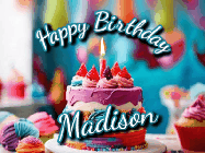 Happy Birthday Madison GIF: Animated Happy Birthday Gif reading Happy Birthday Customize. Depicts a colorful birthday with flickering candles and glitter.