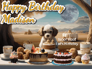 Happy Birthday Madison GIF: Animated birthday gif with a dog at a fancy birthday table loaded with cakes as hearts appear. It reads Happy Birthday Customize.