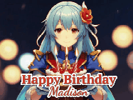 Happy Birthday Madison GIF: Anime girl holding a birthday cake and an animated sword falls into it. Text reads Happy Birthday Customize