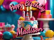 Happy Birthday Madison GIF: Animated birthday gif with a beautiful colorful birthday can and sparkles in the air. It reads Happy Birthday Customize.