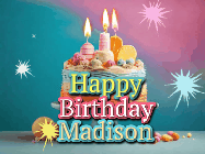 Happy Birthday Madison GIF: A colorful animated Happy Birthday Cake GIF with swirling sparkles and flickering candles. It reads Happy Birthday Name