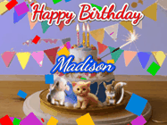Happy Birthday Madison GIF: Happy Birthday Cake GIF with a cat, lamb, and squirrel on the cake with flickering candles, a sparkler, and falling confetti. Reads Happy Birthday Name and you can customize the name
