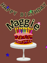 Happy Birthday Maggie GIF: Animated birthday gif of a chocolate cartoon cake and stars. Animated text can be customized with name.