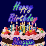Happy Birthday Maggie GIF: A dark blue birthday gif with a beautiful cake with flickering candles, background sparkles and a name to customize.