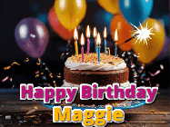 Happy Birthday Maggie GIF: A birthday cake with flickering candles gif with text reading Happy Birthday and a Name slot to customize