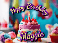 Happy Birthday Maggie GIF: A colorful animated birthday gif of a cake and falling stars with a flickering candle. Text reads Happy Birthday and Customize.