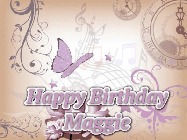 Happy Birthday Maggie GIF: Classical birthday gif background with colorful musical notes floating past and a name you can customize, reads Happy Birthday.