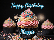 Happy Birthday Maggie GIF: A delicious cupcake gif with animated sparkles reading Happy Birthday with a name to customize