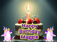 Happy Birthday Maggie GIF: An animated gif with 2 unicorns and a birthday candle on a cake.