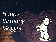Happy Birthday Maggie GIF: Happy Birthday GIF at night with a cute drawn dog, floating balloons, and a shooting star in front of a heart shaped star formation.