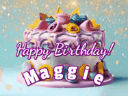 Happy Birthday Maggie GIF: A beautiful birthday cake gif with animated sparkles and glitter Happy Birthday Name you can customize
