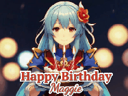 Happy Birthday Maggie GIF: Anime girl holding a birthday cake and an animated sword falls into it. Text reads Happy Birthday Customize