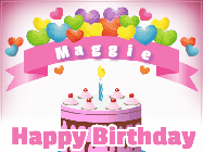 Happy Birthday Maggie GIF: Happy birthday animated gif with animated doodles, pink text, and with a name you can customize.