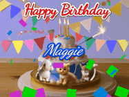 Happy Birthday Maggie GIF: Happy Birthday Cake GIF with a cat, lamb, and squirrel on the cake with flickering candles, a sparkler, and falling confetti. Reads Happy Birthday Name and you can customize the name