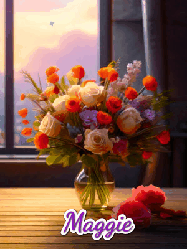 Happy Birthday Maggie GIF: A vase of flowers and animated hearts pop in and out as the words Happy Birthday Name appears that you can customize