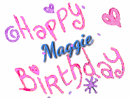 Happy Birthday Maggie GIF: Cute kitty wishes a happy birthday name with a cupcake on its head. Customize the mesage, name, fonts, and colors.