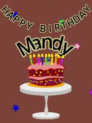 Happy Birthday Mandy GIF: Animated birthday gif of a chocolate cartoon cake and stars. Animated text can be customized with name.