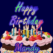Happy Birthday Mandy GIF: A dark blue birthday gif with a beautiful cake with flickering candles, background sparkles and a name to customize.