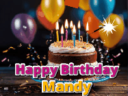 Happy Birthday Mandy GIF: A birthday cake with flickering candles gif with text reading Happy Birthday and a Name slot to customize