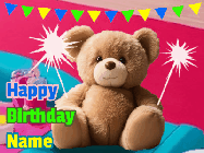 Happy Birthday Mandy GIF: A cute birthday teddy bear animated birthday gif with the bear holding sparklers and text to customize.