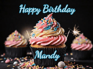 Happy Birthday Mandy GIF: A delicious cupcake gif with animated sparkles reading Happy Birthday with a name to customize