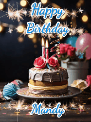 Happy Birthday Mandy GIF: Sparkles and glitter happy birthday gif with a cake and flickering candles and sparklers behind the words happy birthday customize