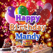 Happy Birthday Mandy GIF: Animated happy birthday gif on a bright red glittery background and 3 lines of text reading Happy Birthday Customize