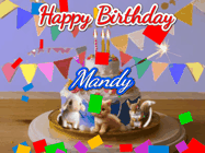 Happy Birthday Mandy GIF: Happy Birthday Cake GIF with a cat, lamb, and squirrel on the cake with flickering candles, a sparkler, and falling confetti. Reads Happy Birthday Name and you can customize the name
