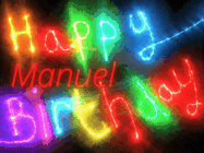 Happy Birthday Manuel GIF: Flashing neon happy birthday gif with a name you can customize. The Happy Birthday is colourful.