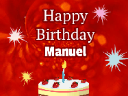 Happy Birthday Manuel GIF: A bright red happy birthday gif animated with a cake candle, and glitter and sparkles. Customize with name.