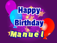 Happy Birthday Manuel GIF: A lovely purple birthday gif animated with moving text, a balloon, and bubbles. Customize it.