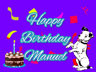 Happy Birthday Manuel GIF: Silly happy birthday gif with a cute dog in a corner and rainbow animation confetti. Birthday cake in order with candle.