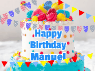 Happy Birthday Manuel GIF: A birthday cake animated gif with bursting confetti, animated text to customize, on a bright banner background.