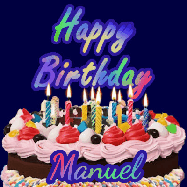 Happy Birthday Manuel GIF: A dark blue birthday gif with a beautiful cake with flickering candles, background sparkles and a name to customize.