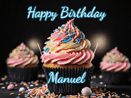 Happy Birthday Manuel GIF: A delicious cupcake gif with animated sparkles reading Happy Birthday with a name to customize