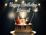 Happy Birthday Manuel GIF: Animated birthday cake gif with sparklers on a dark background. Personalize up to 3 lines of text.