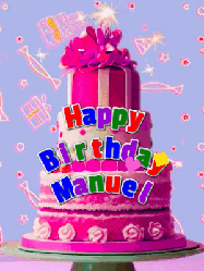 Happy Birthday Manuel GIF: A big beautiful birthday cake gif with falling confetti, sparklers, and balloons, reads Happy Birthday Name. Customize it.