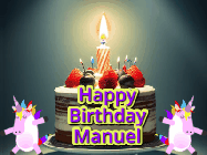Happy Birthday Manuel GIF: An animated gif with 2 unicorns and a birthday candle on a cake.