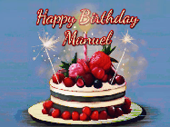 Happy Birthday Manuel GIF: Animated GIF of a birthday cake covered in berries with 2 sparklers and a candle, reads Happy Birthday Name. Customize it.