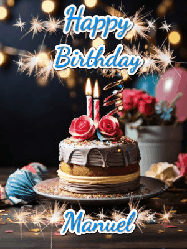 Happy Birthday Manuel GIF: Sparkles and glitter happy birthday gif with a cake and flickering candles and sparklers behind the words happy birthday customize