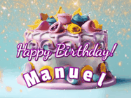 Happy Birthday Manuel GIF: A beautiful birthday cake gif with animated sparkles and glitter Happy Birthday Name you can customize